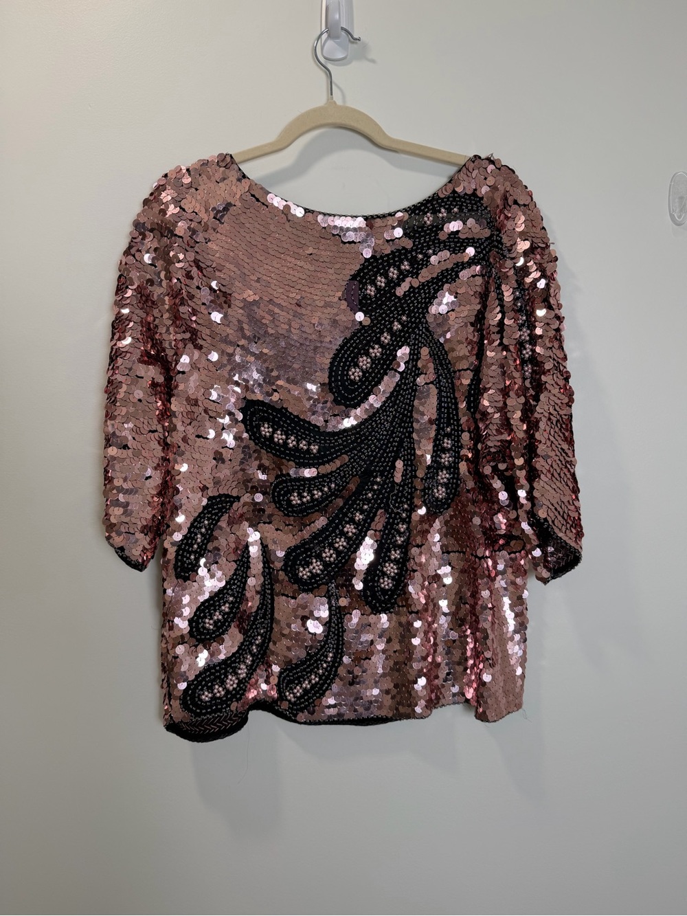 Vintage Rose Gold Sequin Beaded Evening Top Size Large Art Deco Party Blouse